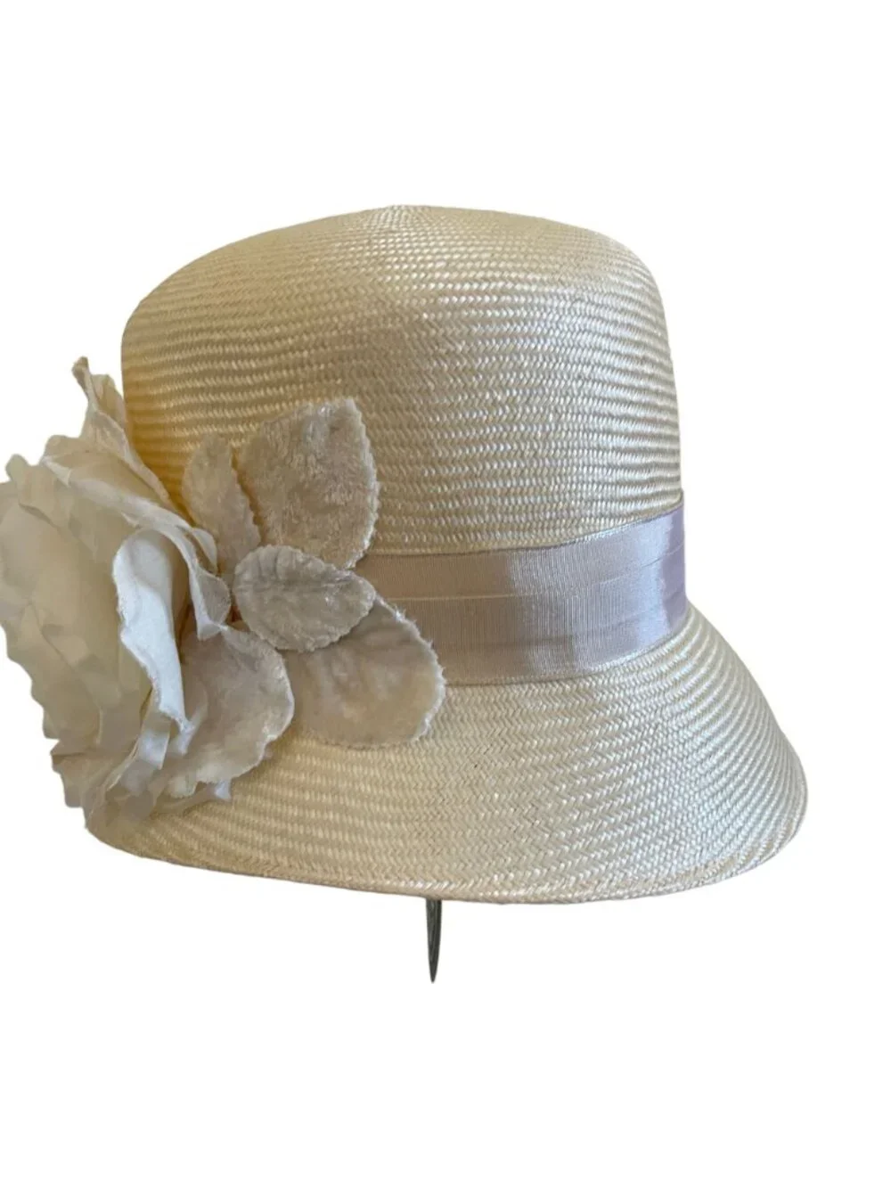 Louise Green Ivory Straw Hat With Satin Ribbon & Floral Accent